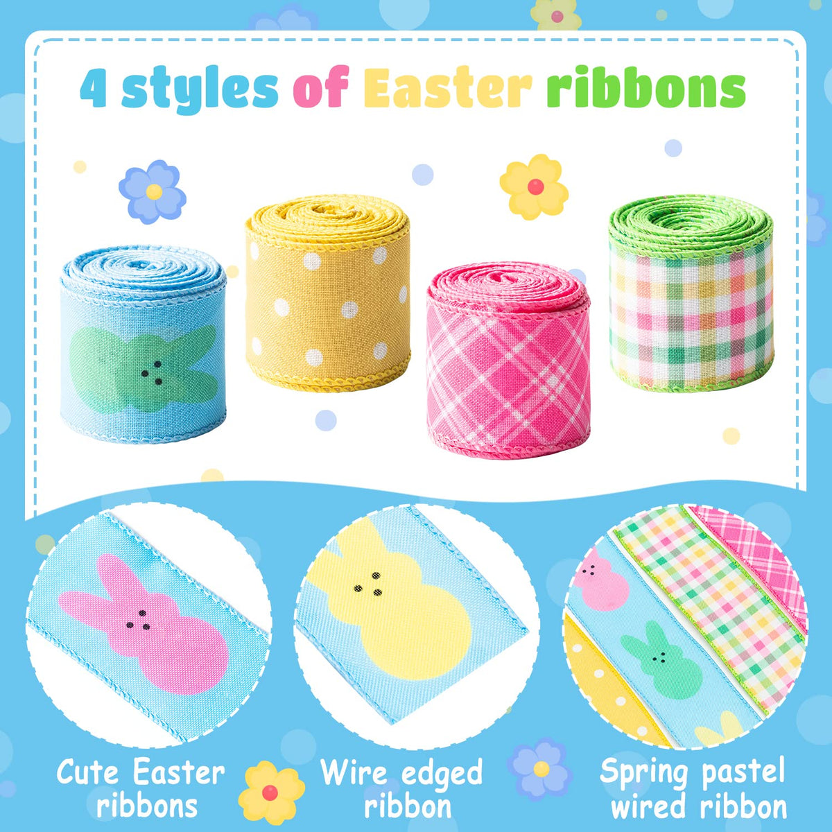 4PCS Easter Spring Pastel Wired Ribbon Rolls, Easter Bunny Wired Edge Ribbons, Decorative Wrapping Ribbon for Gift