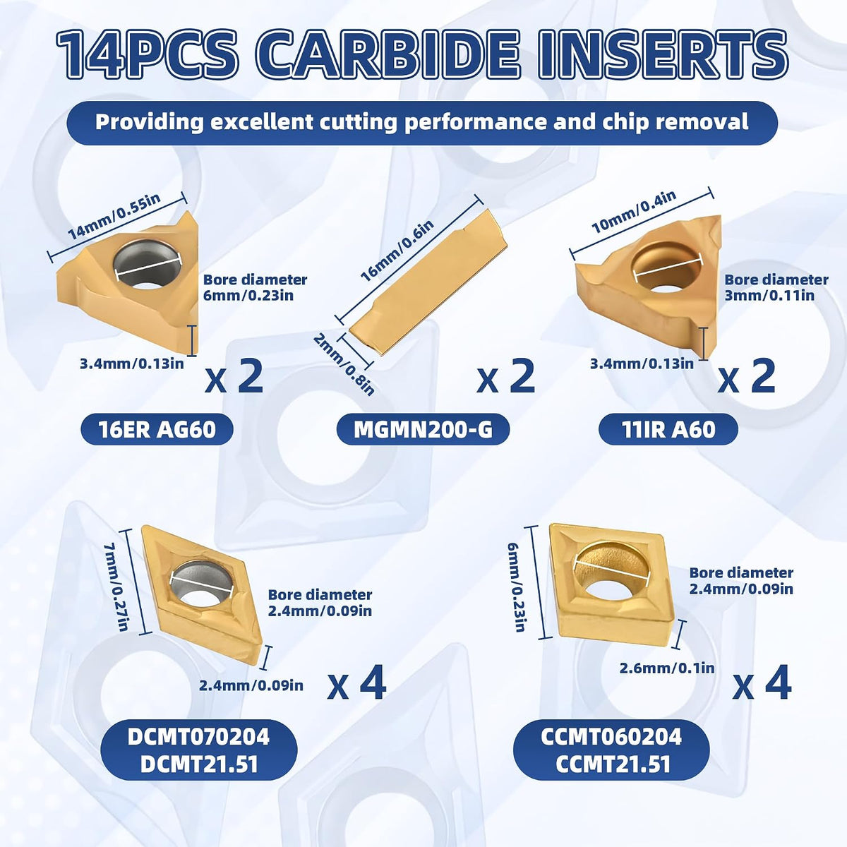 21-Pcs Indexable Lathe Tool Set with 7PCS 1/2" 12mm Shanks Turning Tool Holders and 14PCS Carbide Inserts for Turning, Grooving, Threading, Boring