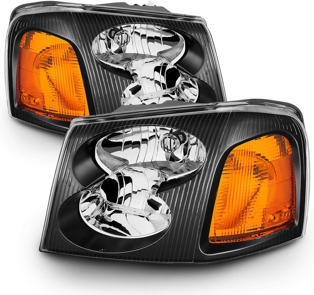 AmeriLite Black Replacement Headlights Set For GMC Envoy - Passenger and Driver Side with Hi/Lo Beam Bulbs
