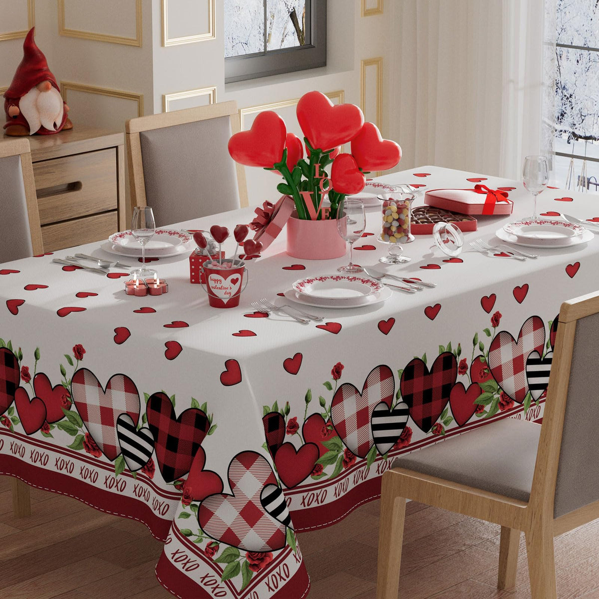 Plaid Love Hearts Valentine’s Day Tablecloth Rectangle Table Cloth Washable Table Covers for Indoor Outdoor Dining