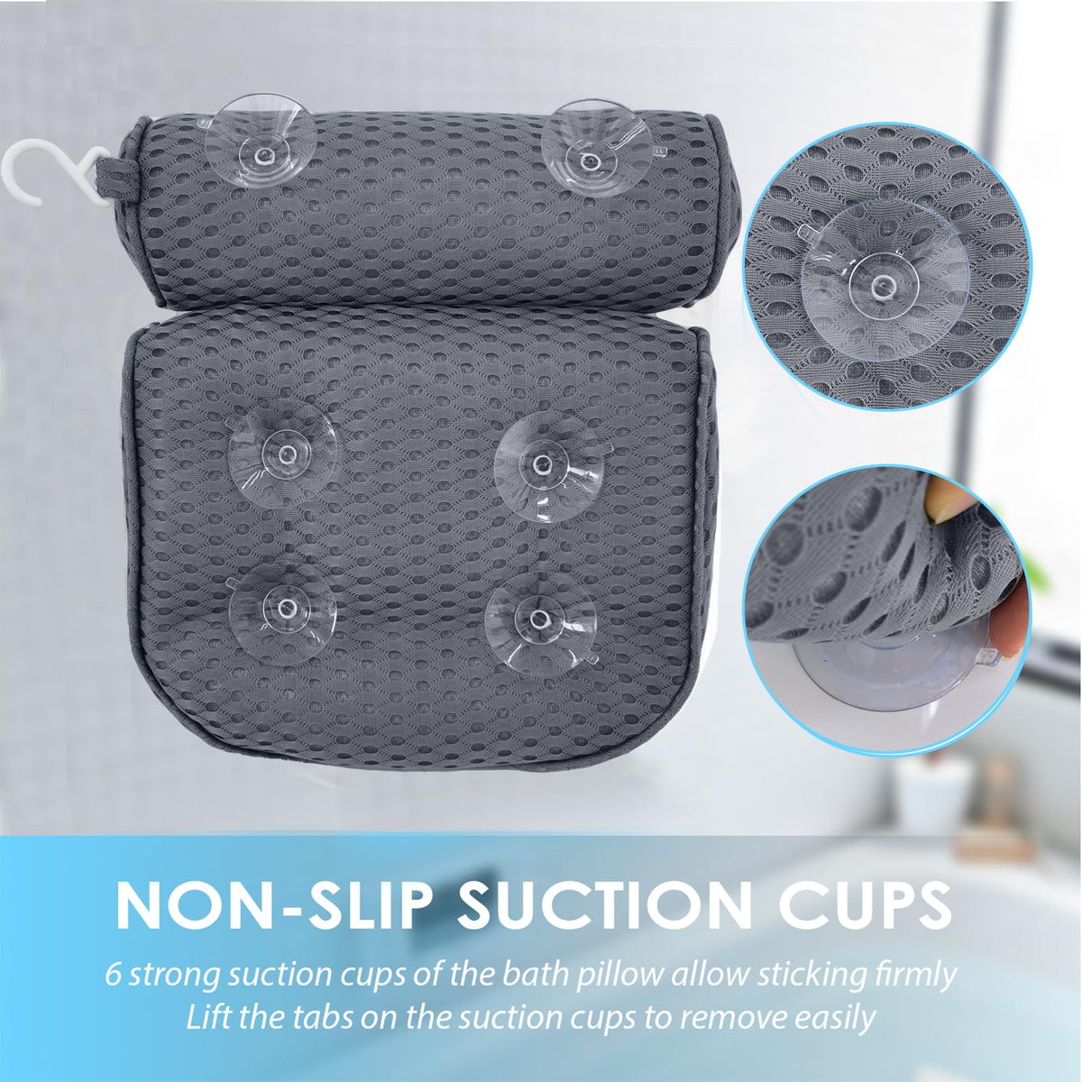 Luxury Bath Pillows for Tub Soft Mesh Strong 6 Suction Cups Gray
