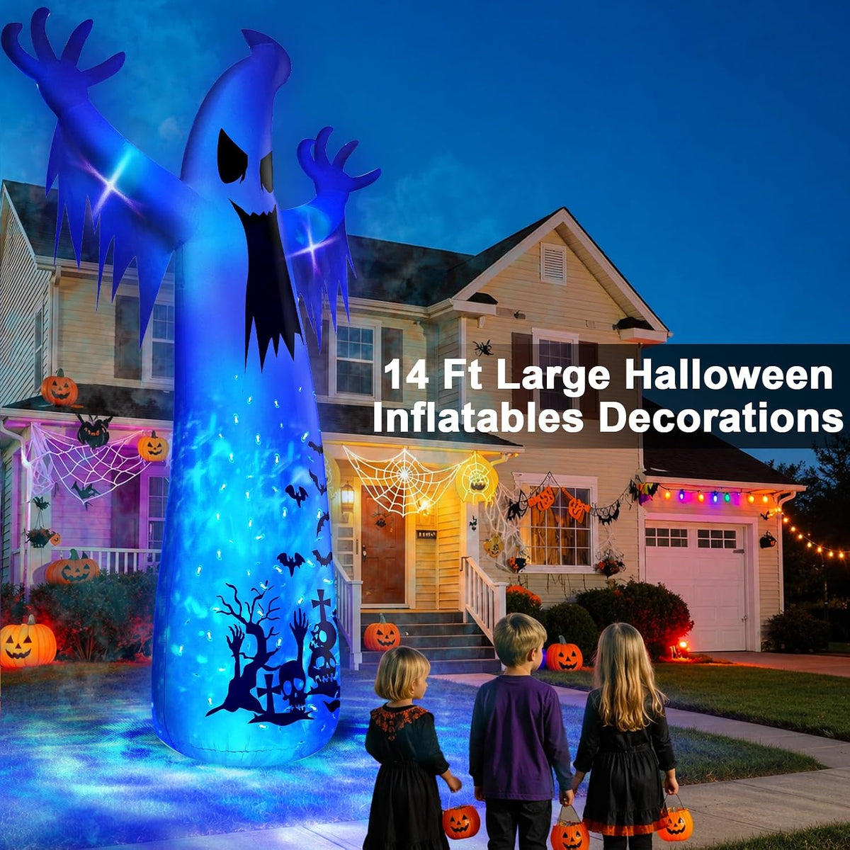 14 Ft Giant Halloween Inflatable Ghost Decorations Outdoor with 3 Colored Rotating Flame LED Changing Red Blue Green