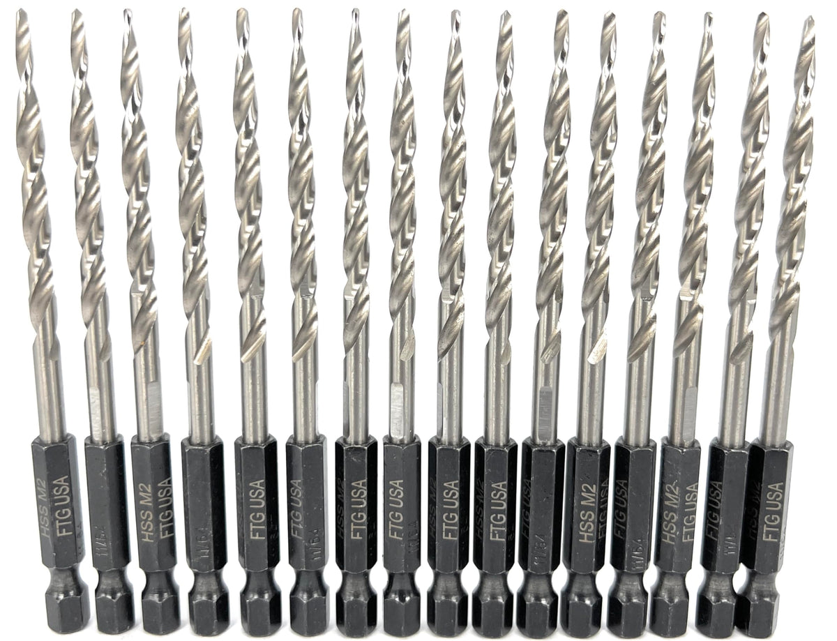 FTG USA 16Pc #8 (11/64") Replacement Countersink Drill Bit Set Tapered Bits
