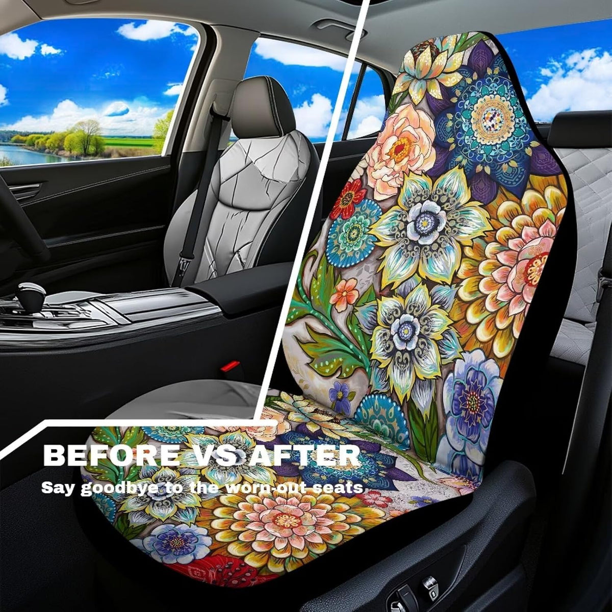 Boho Floral Front Car Seat Covers Set of 2 for Women, Universal Fit Bucket Seat Protectors for Cars, SUVs, Sedans and