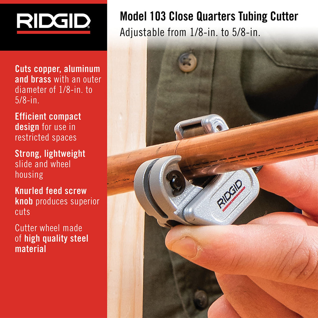 RIDGID 32975 Model 103 Close Quarters Compact Tubing Cutter for 1/8" to 5/8" Copper, Aluminum, Brass, and Plastic, Mini Tubing Cutter for Tight Cutting Jobs