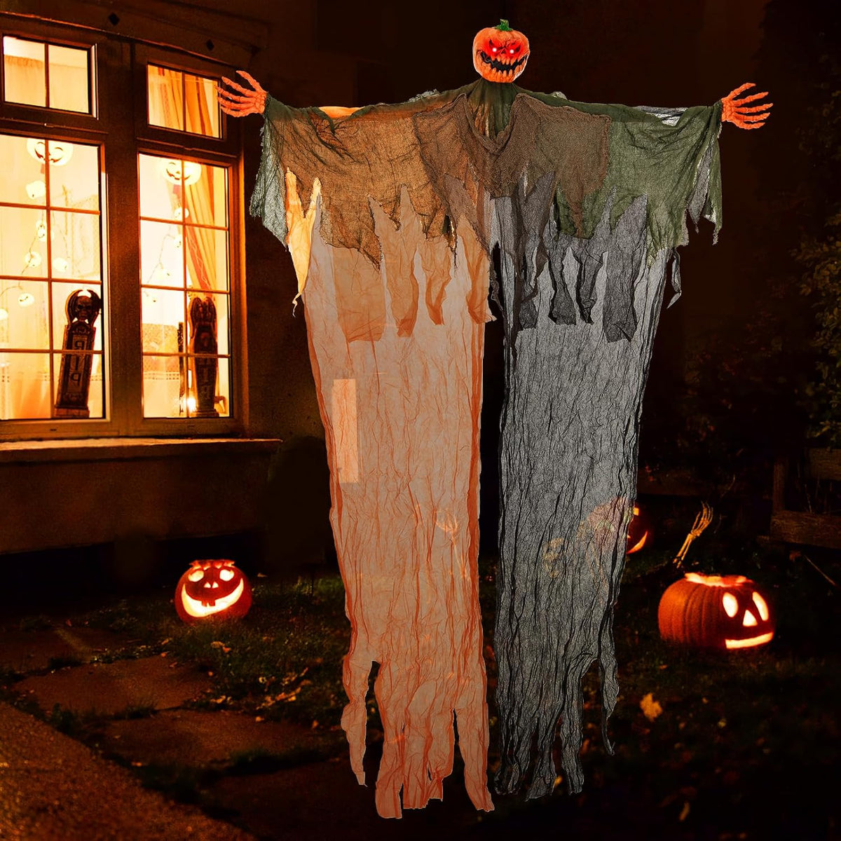 8.2 FT Hanging Pumpkin Ghost, Light-up Scary Prop for Haunted House with Red Glowing Eyes & Bendable Arms, Hanging