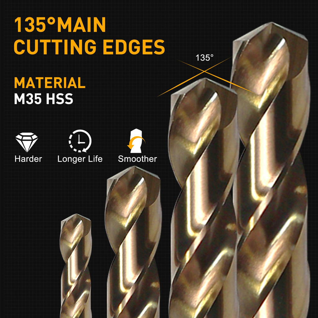 M35 Cobalt Drill Bit Set, 29Pcs High Speed Steel Twist Jobber Length Drill Bit Kit for for Hardened Metal, Stainless Steel, Cast Iron, Wood and Plastics with Index Storage Case, 1/16" - 1/2"