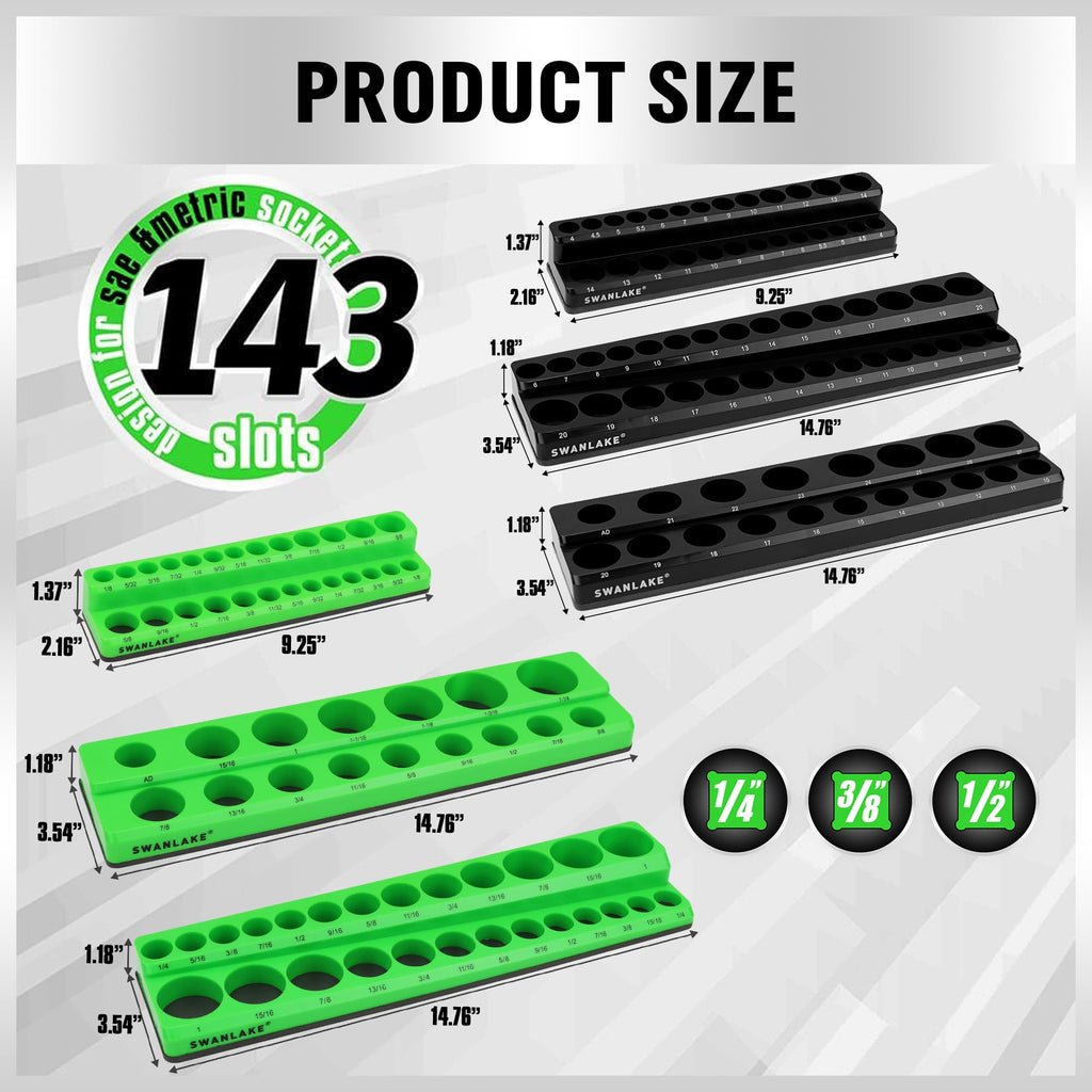 Magnetic Socket Organizer Set, 6-piece 1/4", 3/8", 1/2" SAE & Metric Sockets Holder, Drive Socket Trays, Storage Tool