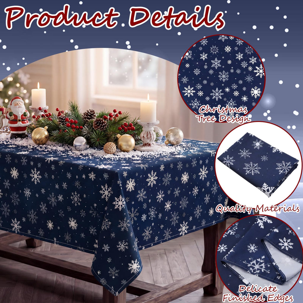 Christmas Tablecloth 60 x 84 Inch, Navy Blue Snowflake Rectangle