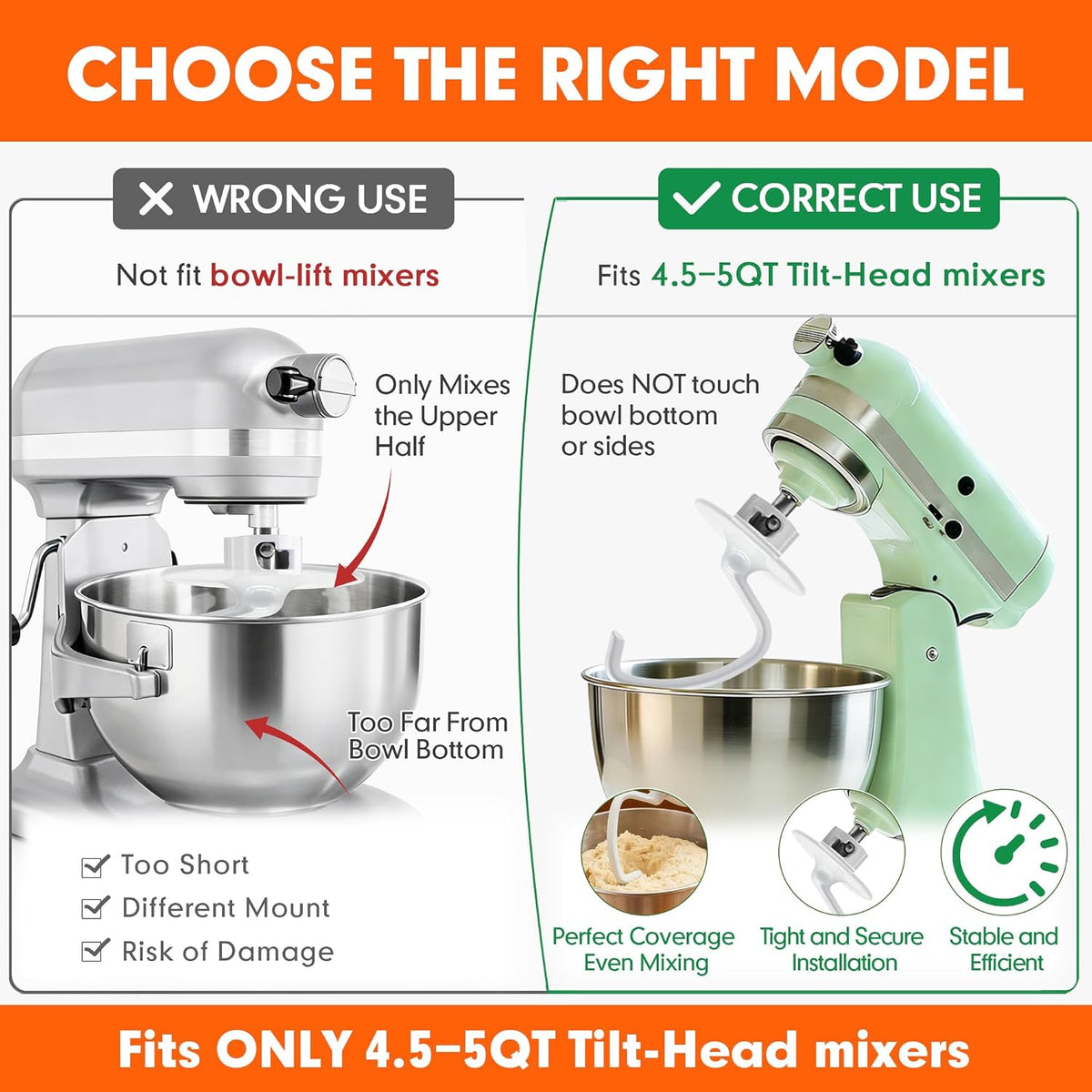 K45DH Coated Dough Hook for KitchenAid 4.5–5 Quart Tilt-Head Stand Mixers | Coated C-Shaped Bread Hook Attachment