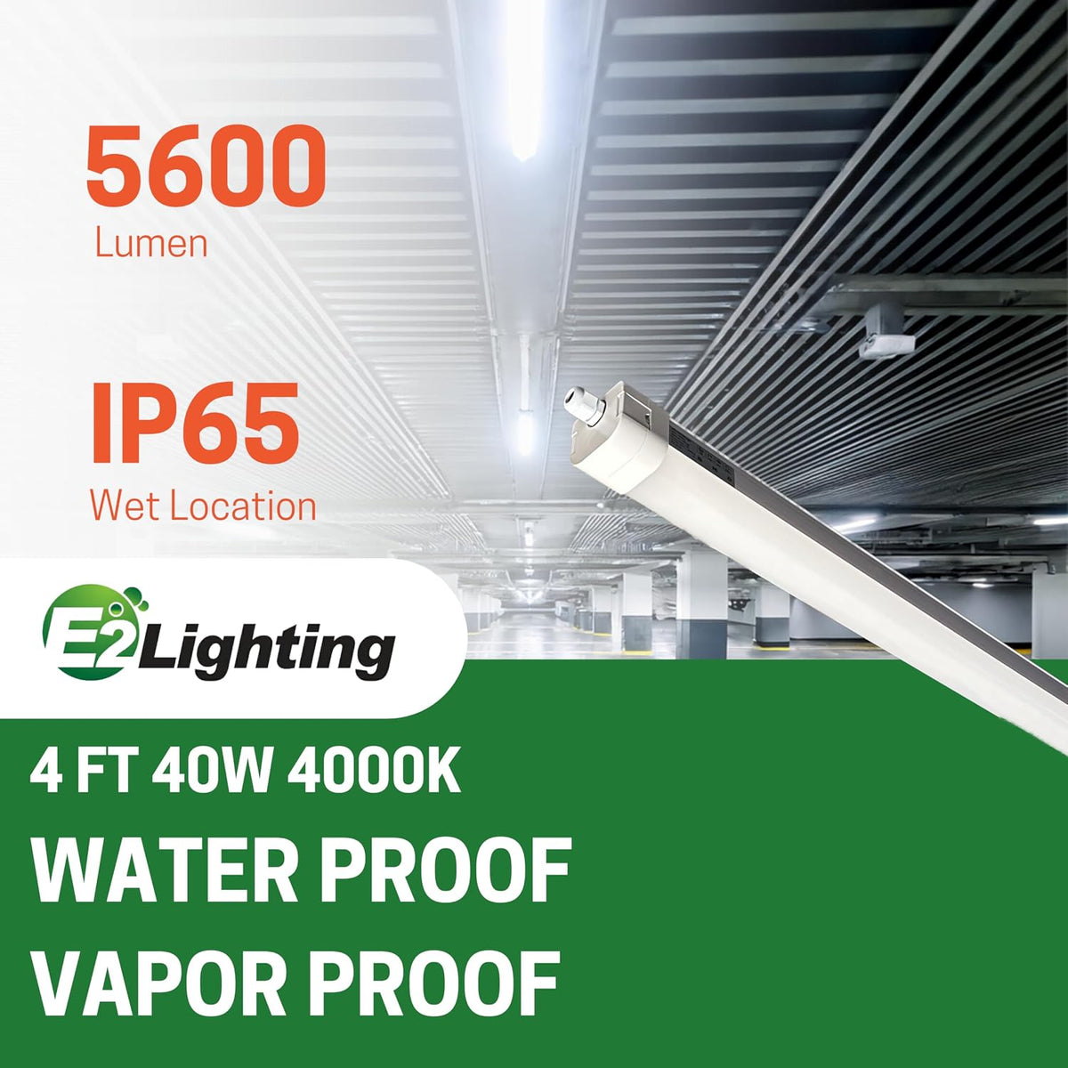 E2 LIGHTING 4ft Vapor Tight Fixture, 40W 4000K, IP65 Waterproof LED