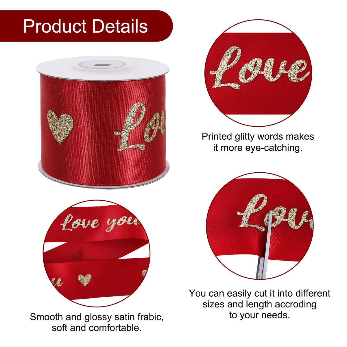 Claret Red Satin Ribbon with Glitter Love You Print - 2 Inch x 10 Yards Valentine Ribbon for Wedding, Anniversary