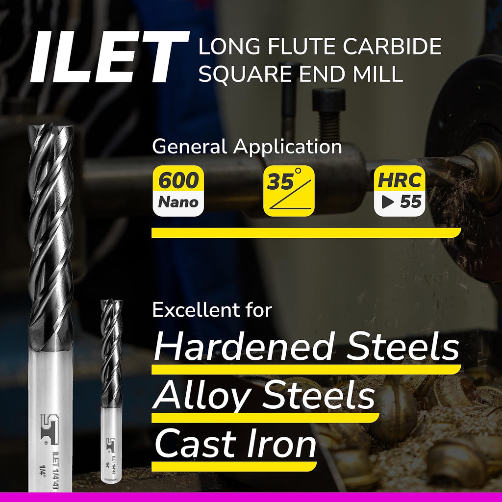 SPEED TIGER Micrograin Carbide Square Long Flute End Mill - 5/16" Diameter 1-1/4" Flute Length, 4" OVL, 4 Flutes - ILET (1 Piece, 5/16") - for Alloy Steels, Hardened Steel & Metal– Mill Bits Sets