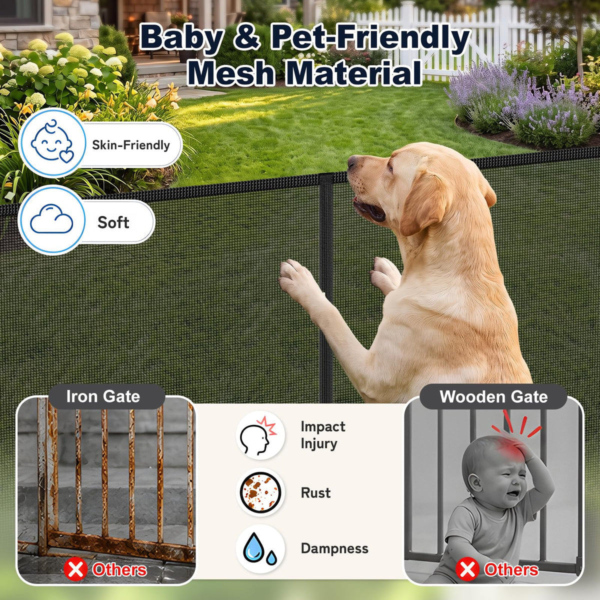 240" Extra-Wide Retractable Indoor/Outdoor Mesh Pet & Child Safety Gate with One-Hand Safety Lock for Wide Openings, Patios & Stairways