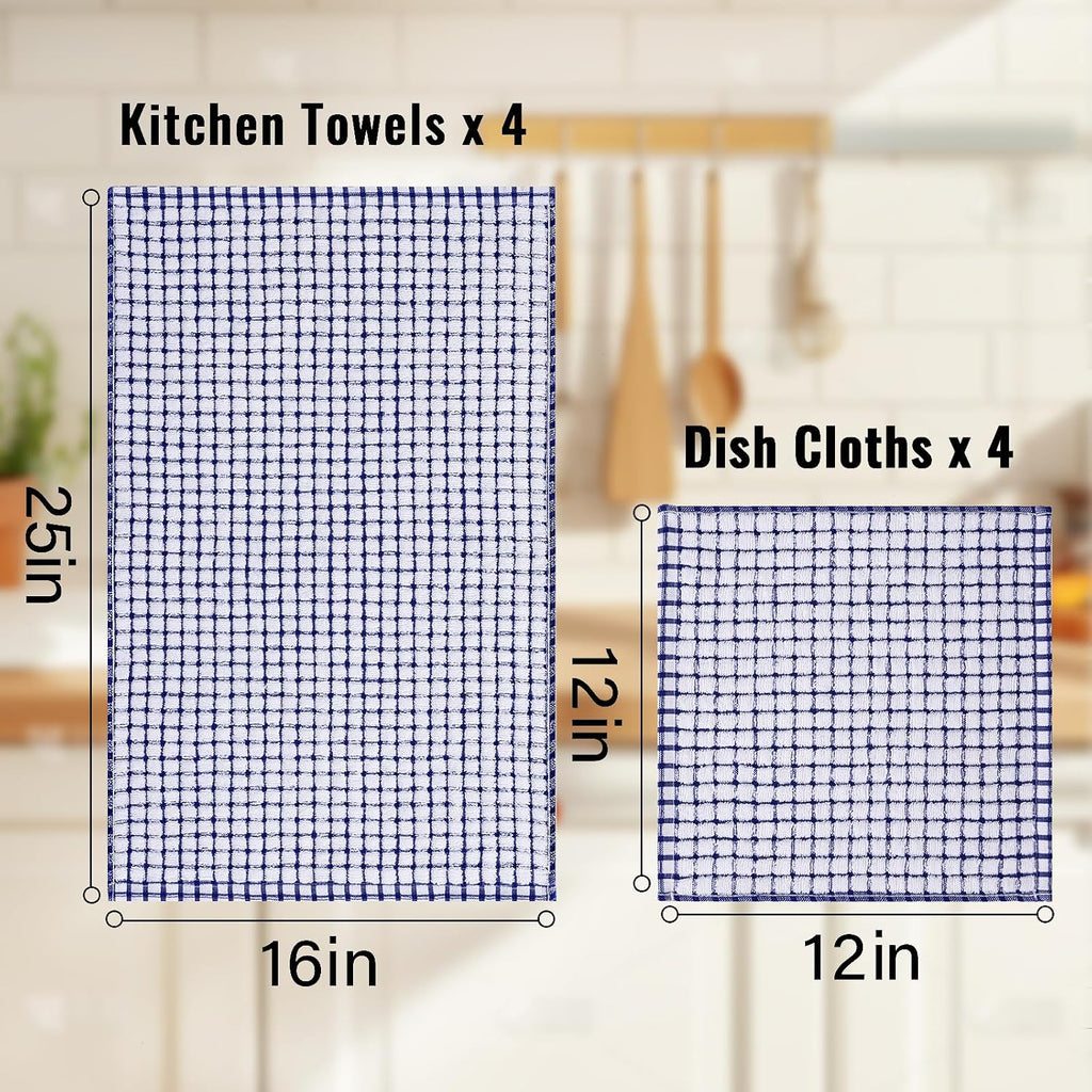 Kitchen Towels and Dishcloths Set, Set of 8, Blue/Yellow/Red/Green | Cotton Terry Kitchen Dish Towels, Super Soft and