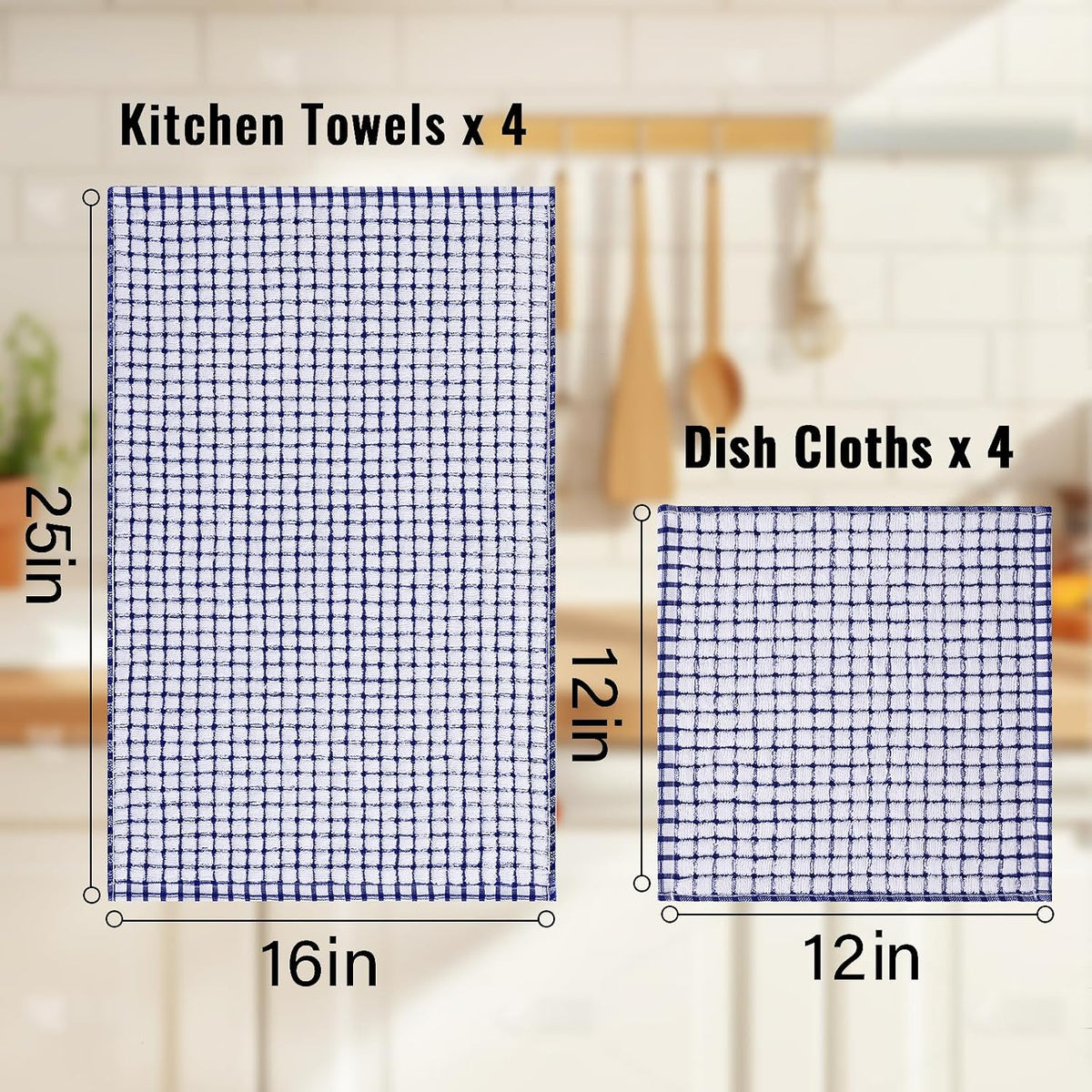 Kitchen Towels and Dishcloths Set, Set of 8, Blue/Yellow/Red/Green | Cotton Terry Kitchen Dish Towels, Super Soft and