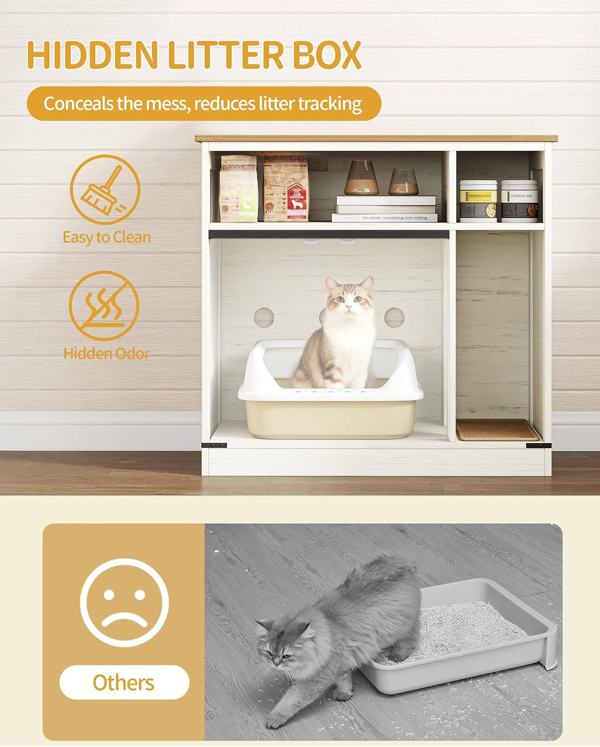 Cat Litter Box Enclosure, Hidden Litter Box Furniture with Storage
