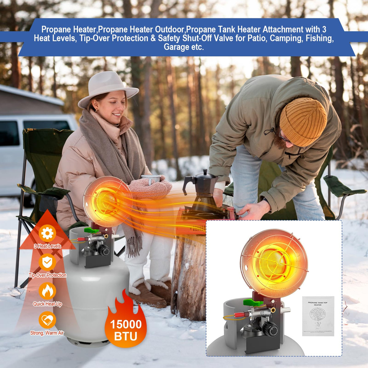 Propane Heater, 15000 BTU Propane Heater Outdoor, Propane Tank Top Heater with Tip-Over Protection, 3 Heat Settings