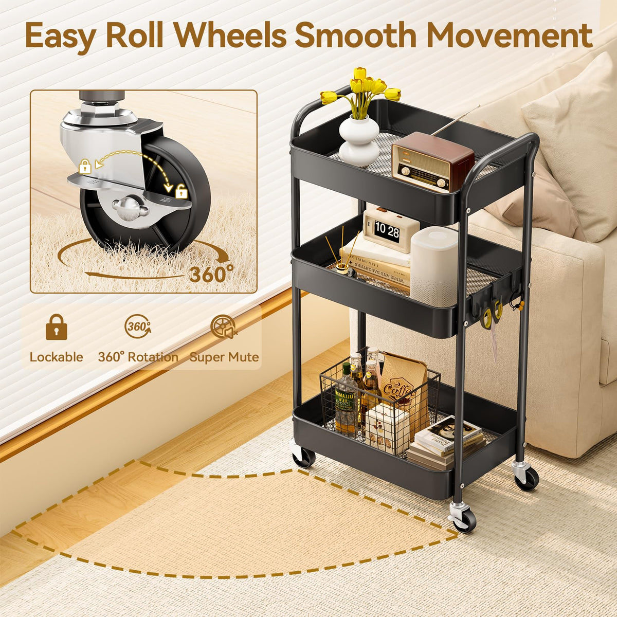 3-Tier Metal Rolling Cart Utility Carts with Wheels Black