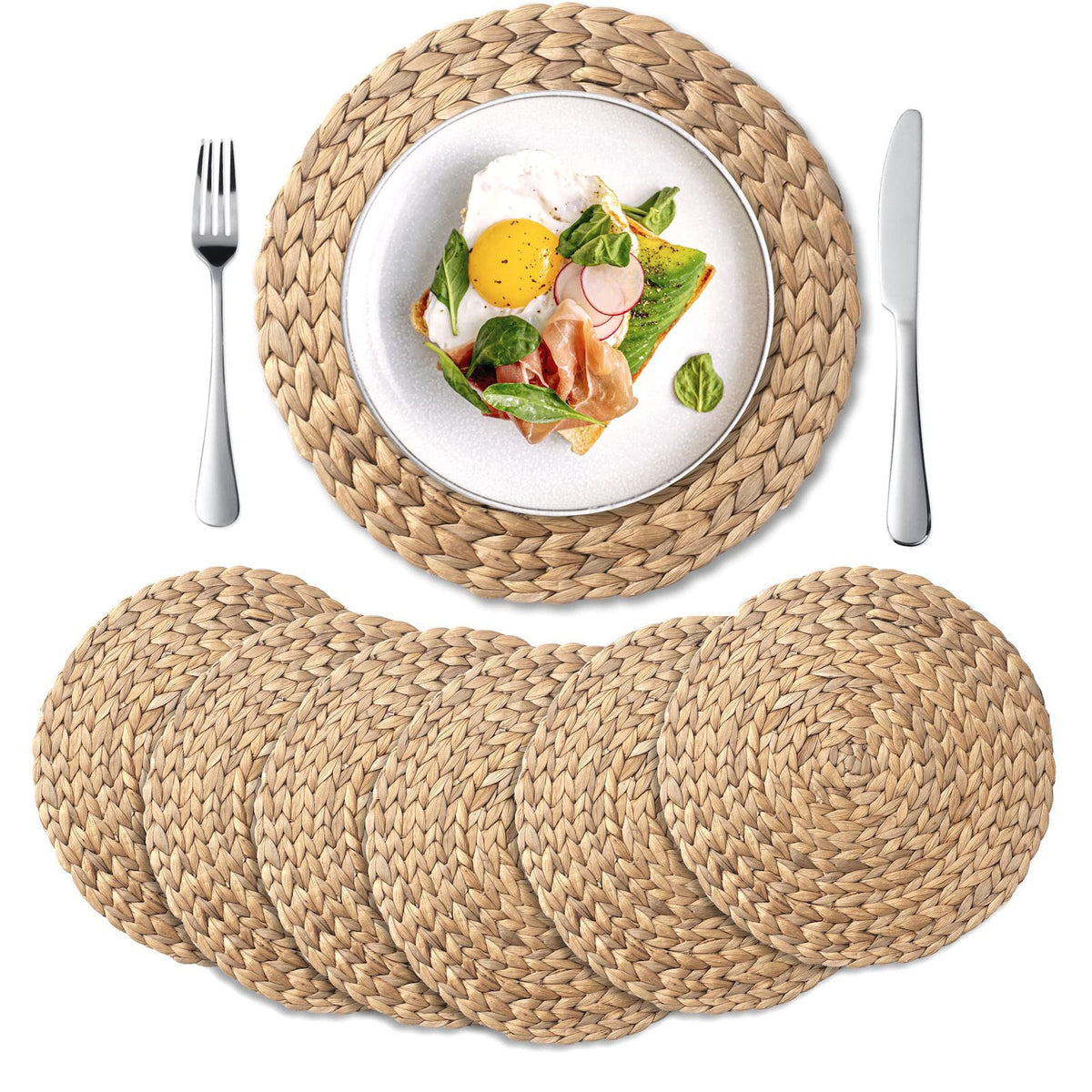 6 Pack, Round Woven Placemats, Natural Water Hyacinth Wicker Place mats, Braided Straw Table Mats, Charger Plates for