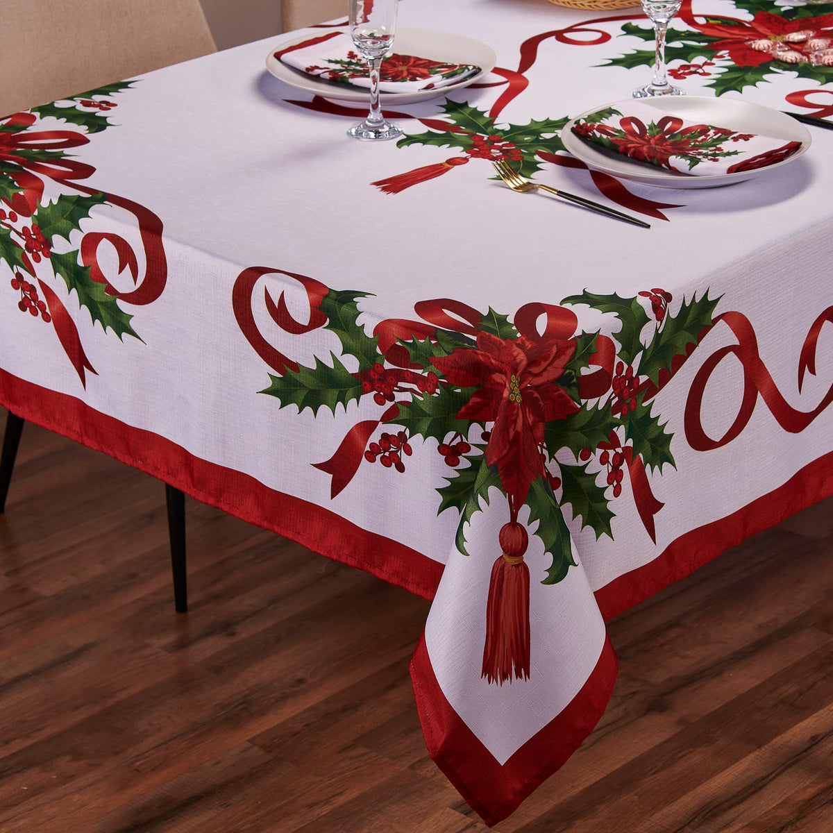 Christmas Ribbon Tablecloth (60 x 102 Inch) for 6 Foot Rectangle Tables, Heavy Duty Fabric, Stain Proof Xmas Ribbon