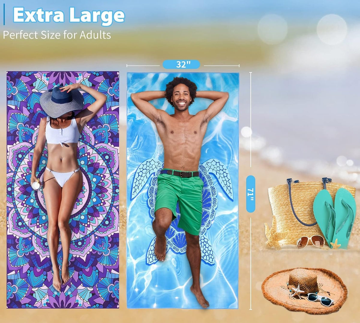 Microfiber Beach Towel with Bag Oversized 71x32 Sand Free 2 Pack | Thin Lightweight Extra Large Towels for Adults