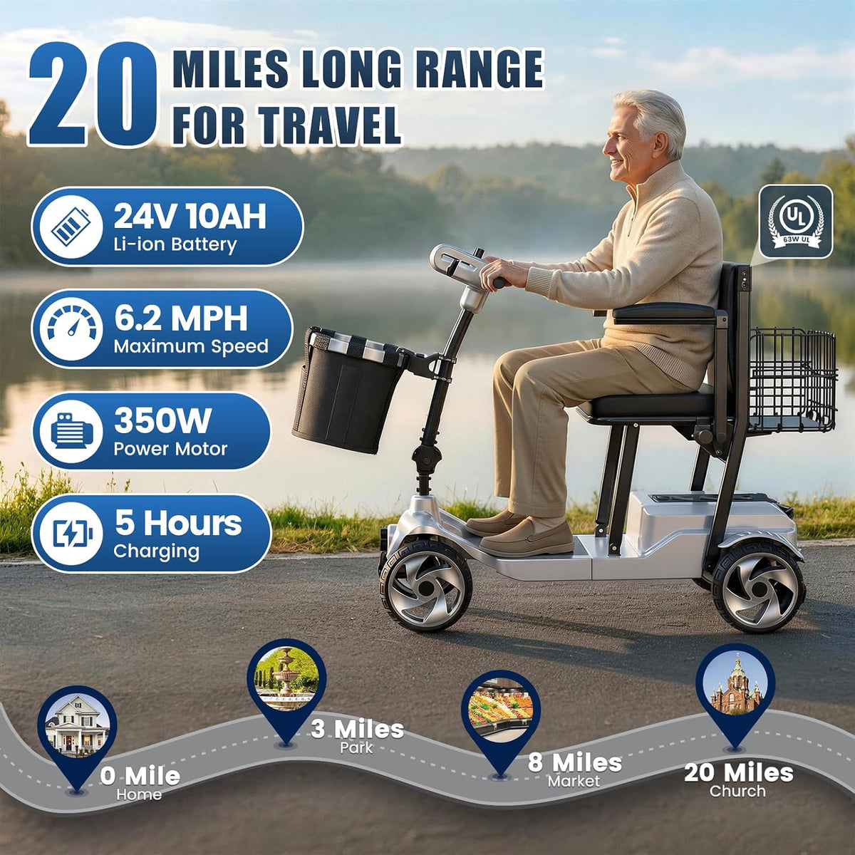 20 Miles Mobility Scooter for Adults and Seniors, Airport Approved, Silver