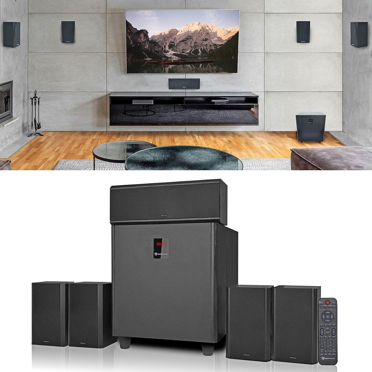 HTS820 1500W 5.1 Channel Home Theater System with 8" Subwoofer, Bluetooth, USB, Includes Remote and Speaker Mounts