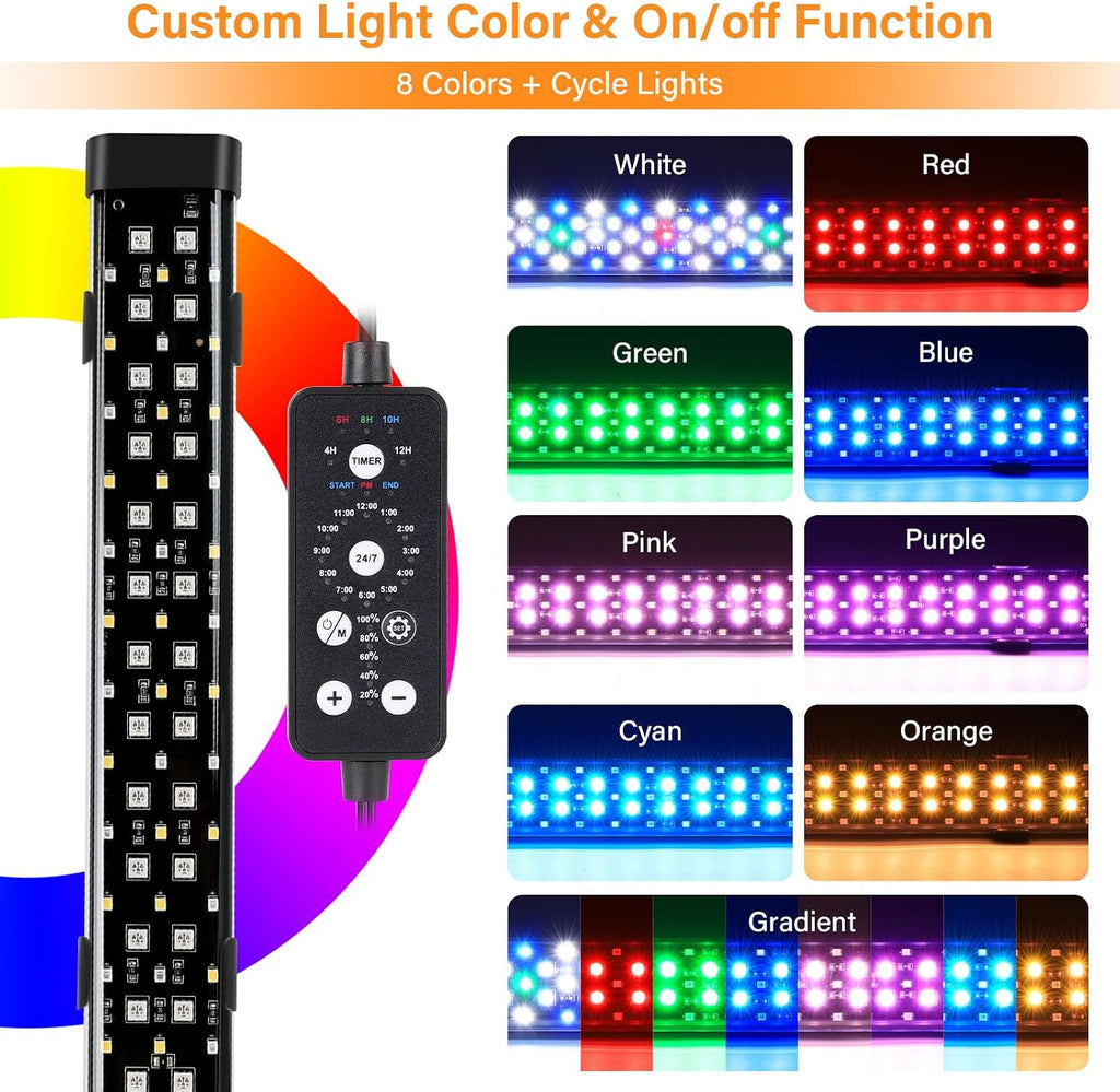 Submersible LED Aquarium Light, 8W 7 in 24/7 Mode Fish Tank Light with 5 Rows Beads, with Timer 9 Colors and