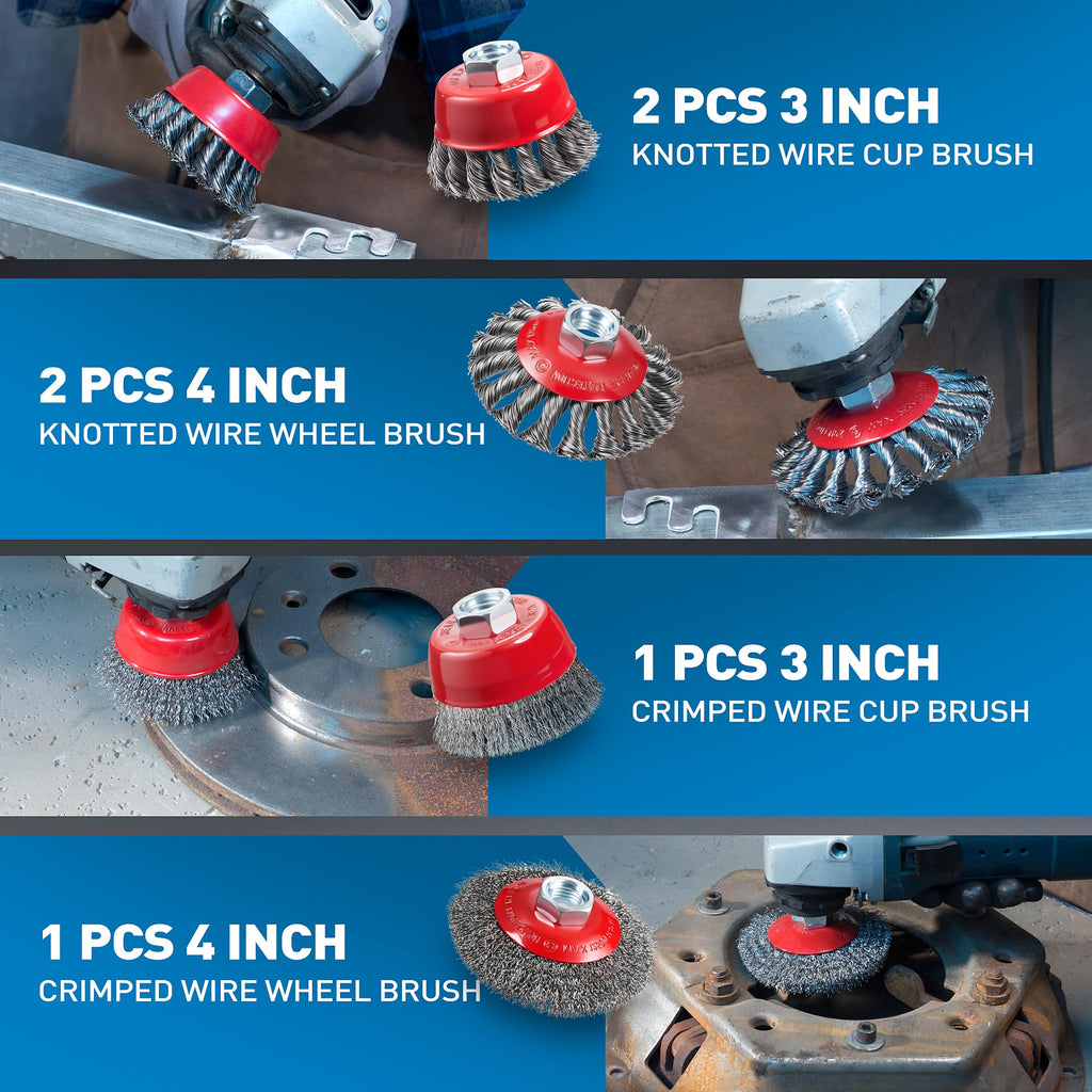 S SATC 6 PCS Grinder Wire Wheel Brush with 5/8"-11 Threaded Arbor, Knotted Coarse Crimped Wire Brush for Grinder, Carbon Steel Wire Wheel for Rust Removal, Paint Stripping