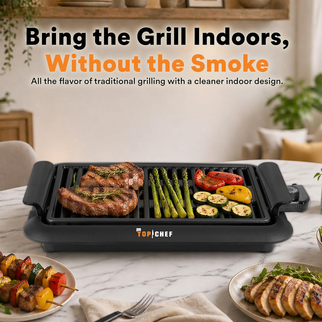 Top Chef Smokeless Indoor Grill with 15x10-Inch Nonstick Grilling Surface, Adjustable Temperature Control, 1200W Fast
