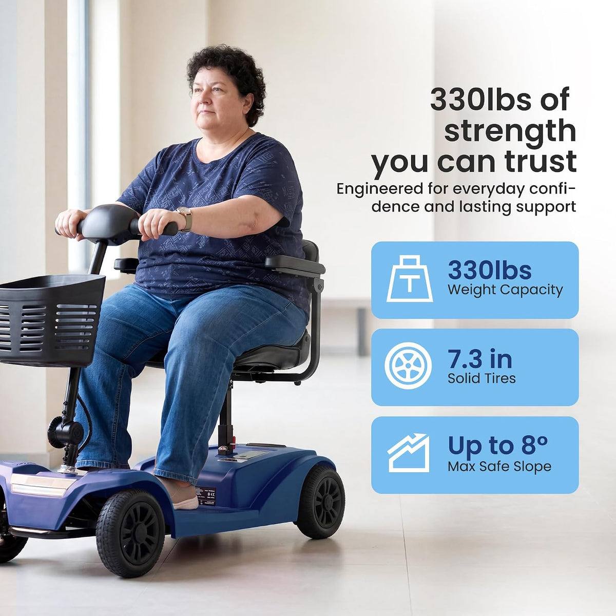 Mobility Scooter for Adults & Seniors, 330 lb, 15-Mile Range, Blue