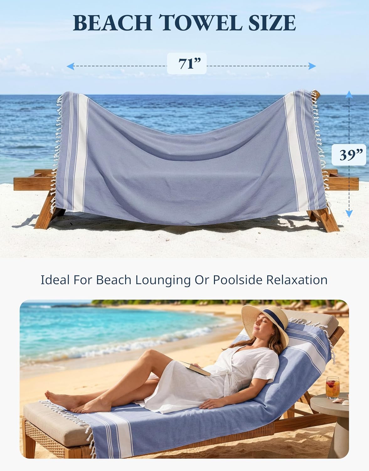 Turkish Beach Towels, Super Absorbent, Quick Dry - Forever Blue | 2 Pack Extra Large Beach Towel - Pre-Washed for