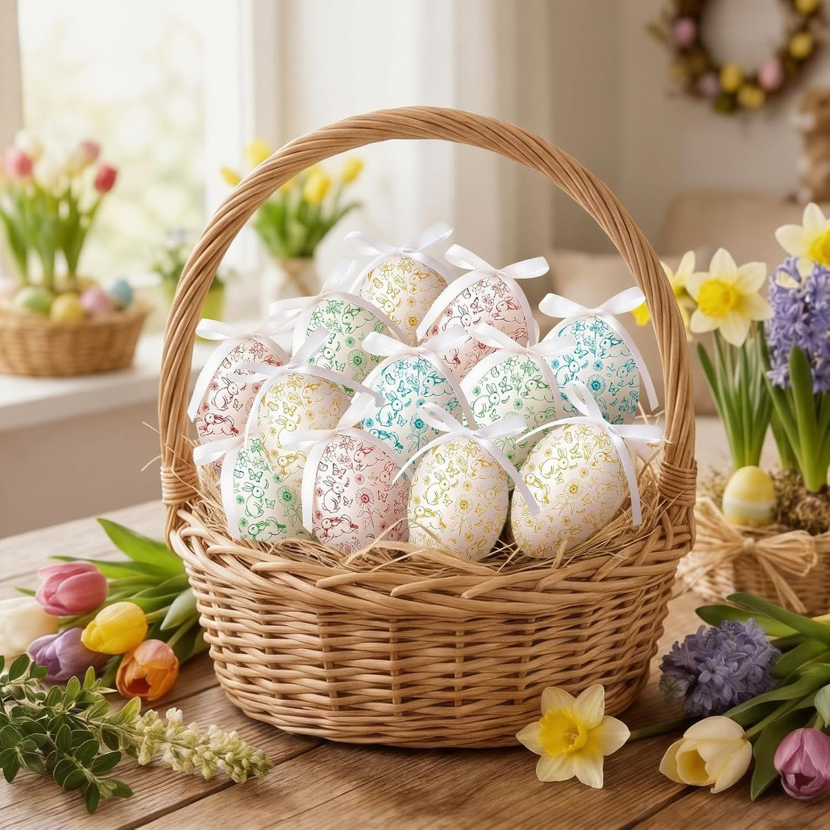 24 Pcs Easter Eggs Hanging Ornaments, Colorful Foam Easter Hanging Eggs Decorations with Bow Bunny and Floral Designs