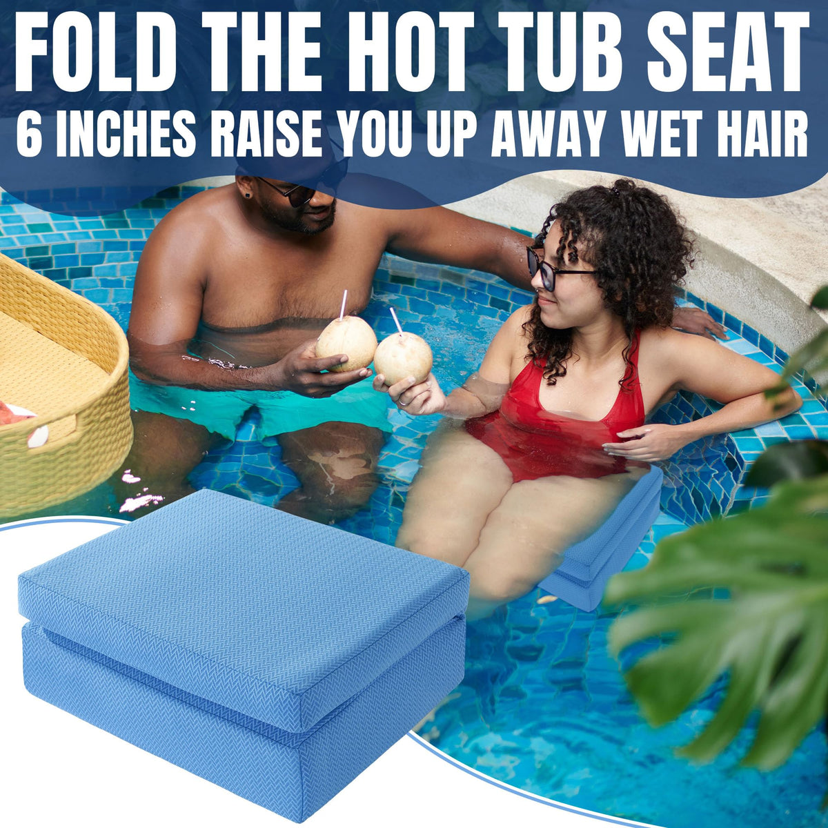 Foldable Hot Tub Booster Seat, Adjuatable 2 Heights Extra Thick Hot Tub Pillow Bath Seat with Back Support Cushions