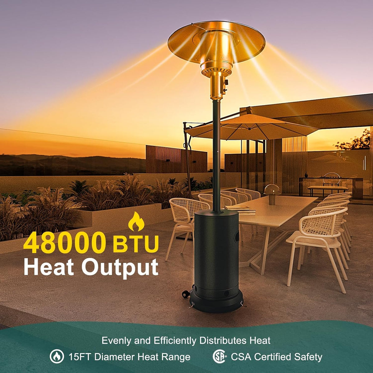 Stainless Steel Propane Outdoor Patio Heater with Wheels 48000 BTU