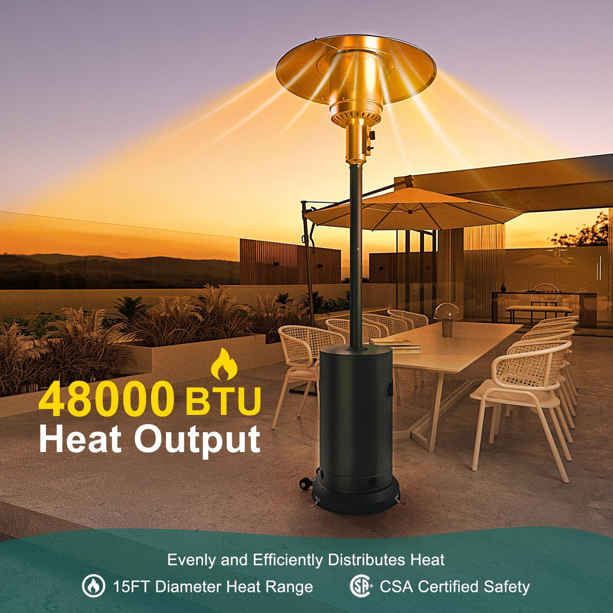 48,000 BTU Outdoor Propane Patio Heater with Wheels, Gray