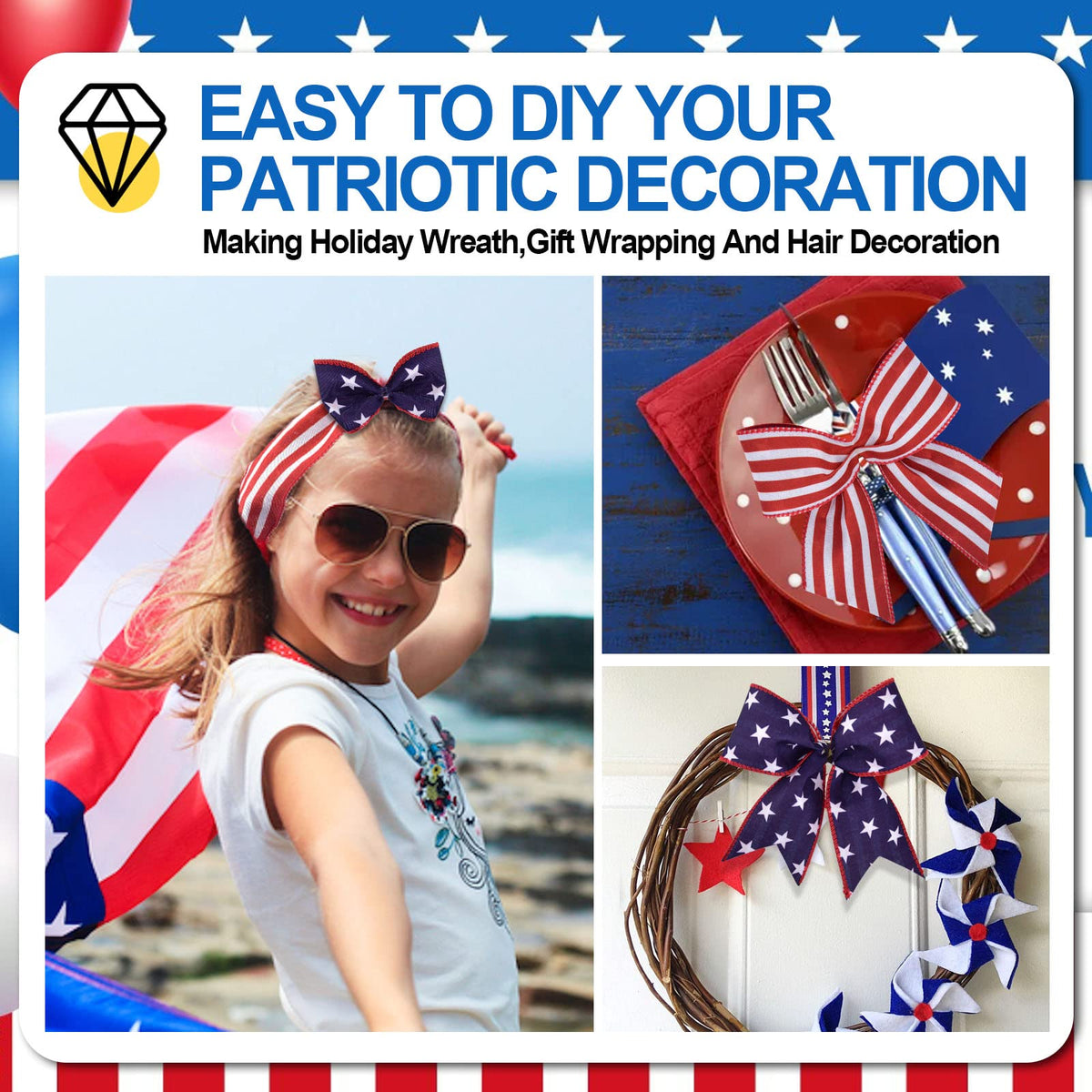 2 Rolls Patriotic Wired Edge Ribbon Stars and Stripes Reversible Ribbons Red White Blue Decorative Ribbon for 4th of