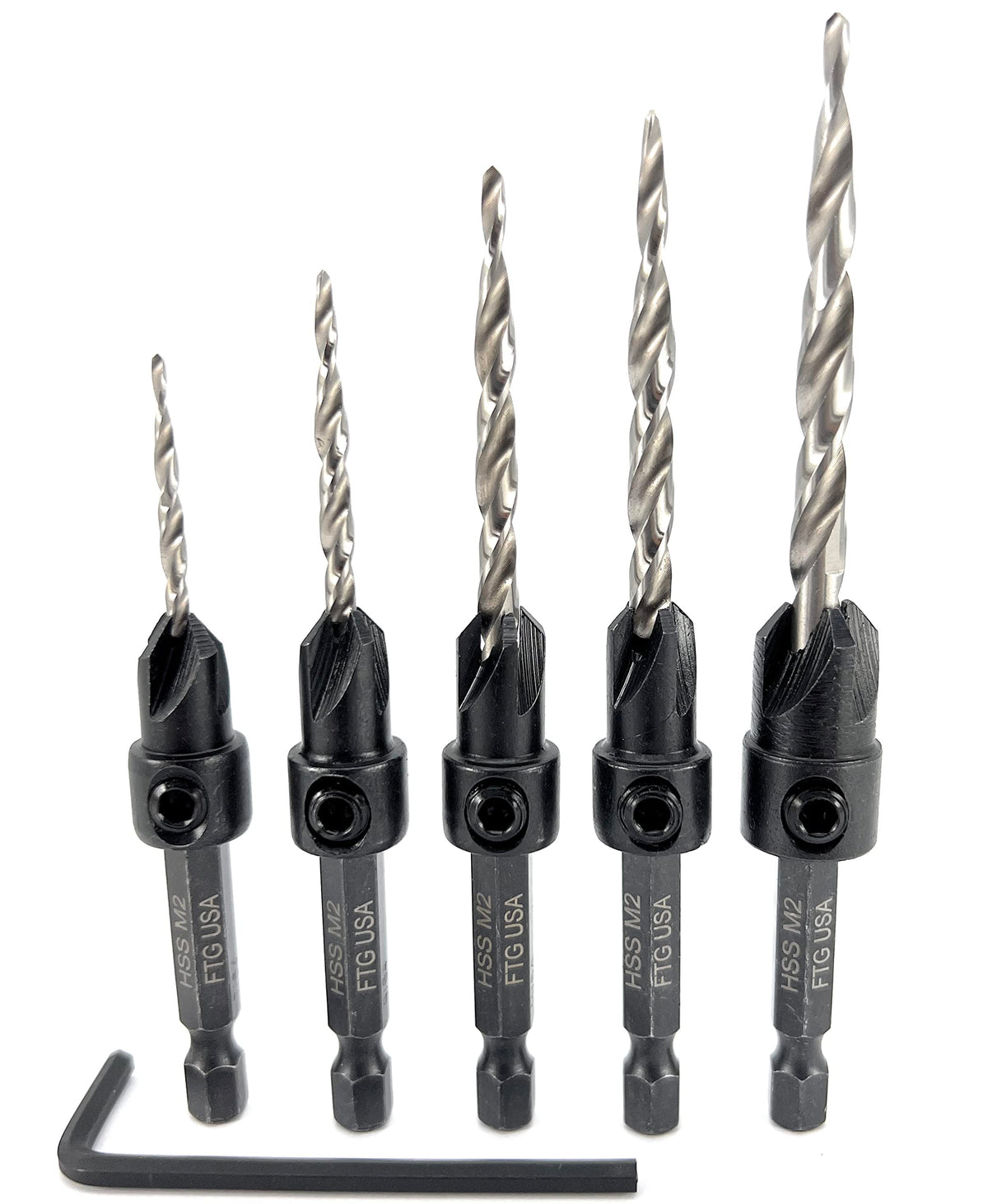 FTG USA 5 Pc #4#6#8#10#12 Countersink Drill Bit Set, Tapered Bits
