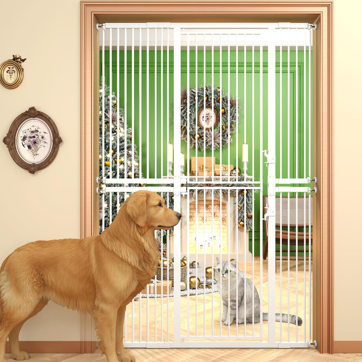 74.8" x 29.5-51.6" Extra-Tall Full-Height Anti-Jump Cat & Pet Safety Gate with Narrow Bar Spacing & Double-Lock Walk-Through Door for Doorways & Stairs — White