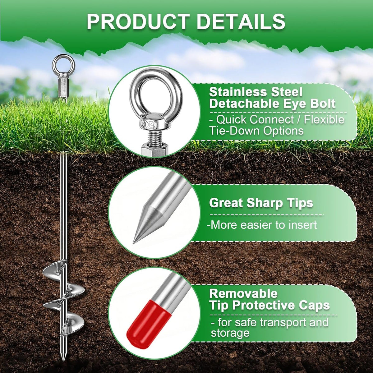 30 Inch Shed Anchor Kit, Shed Tie Down Anchor Kit, Heavy Duty Ground Anchors Screw in - 6 Pack Chrome Plated Earth