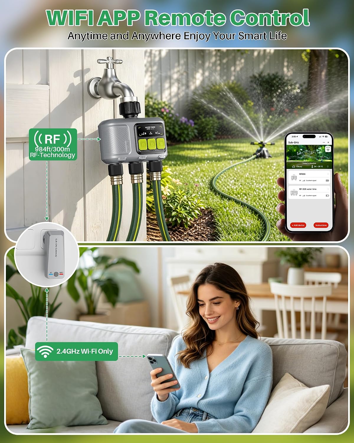 WiFi Water Timer 3 Outlet for Garden Hose, Smart Sprinkler Controller with 984ft RF Range, Smart Lawn Watering System