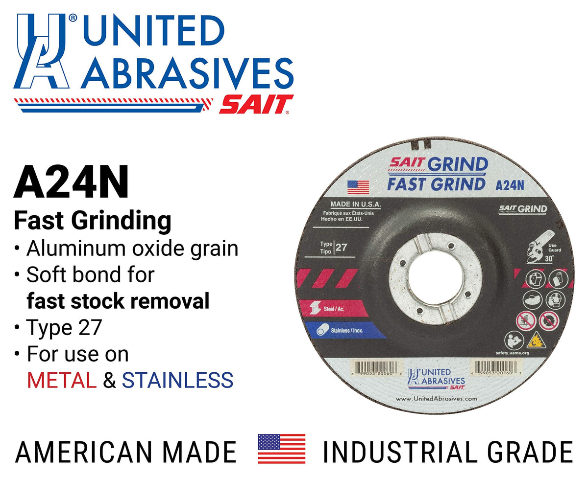 United Abrasives-SAIT 20050 A24N Fast Grinding Wheel 4" x 3/16" x 7/8" Type 27, 25-Pack