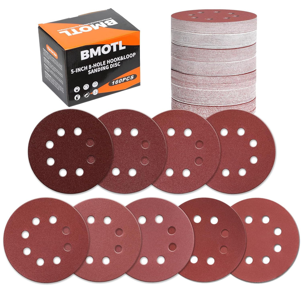 160Pcs 5-Inch 8-Hole Hook & Loop 40-600 Assorted Grit Sanding Discs