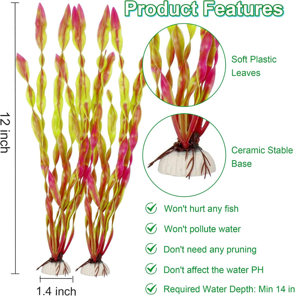 Artificial Seaweed Water Plants for Aquarium, Plastic Fish Tank Plant Decorations 10 PCS (12 Inches Tall, Wine Red)