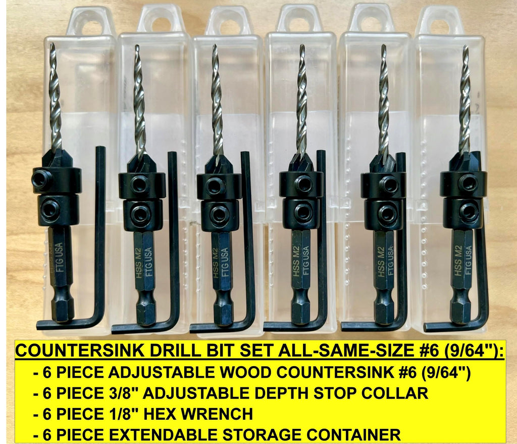 FTG USA 6 Pc #6 (9/64") Countersink Drill Bit Set with Tapered Drill Bits