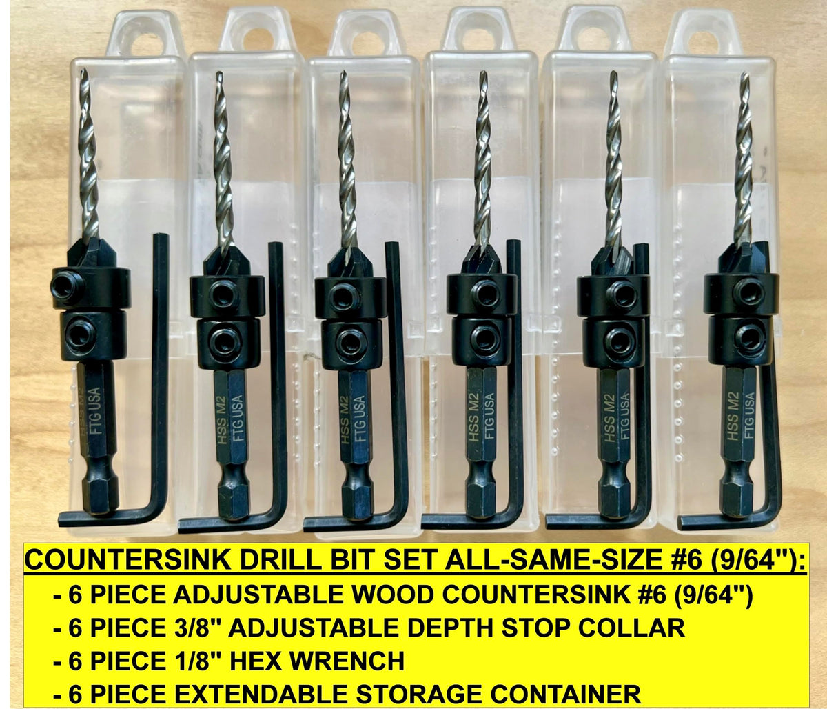 FTG USA 6 Pc #6 (9/64") Countersink Drill Bit Set with Tapered Drill Bits