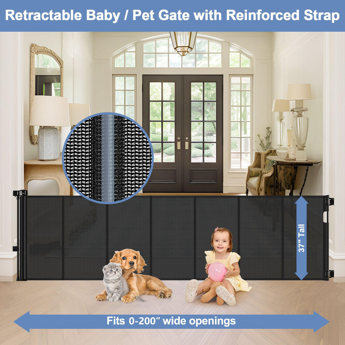 200" 16.7ft Extra-Wide Retractable Indoor/Outdoor Mesh Pet & Child Safety Gate with One-Hand Safety Lock for Wide Openings, Patios & Stairways