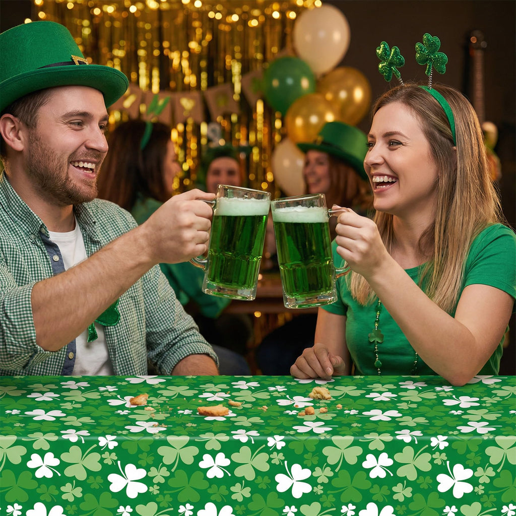 3 PCS St. Patrick’s Day Tablecloth, Green Shamrock Disposable Plastic Rectangle Table Covers for Irish Clover