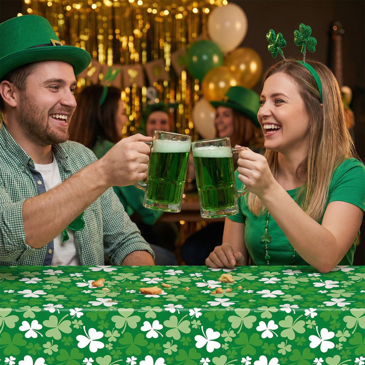 3 PCS St. Patrick’s Day Tablecloth, Green Shamrock Disposable Plastic Rectangle Table Covers for Irish Clover